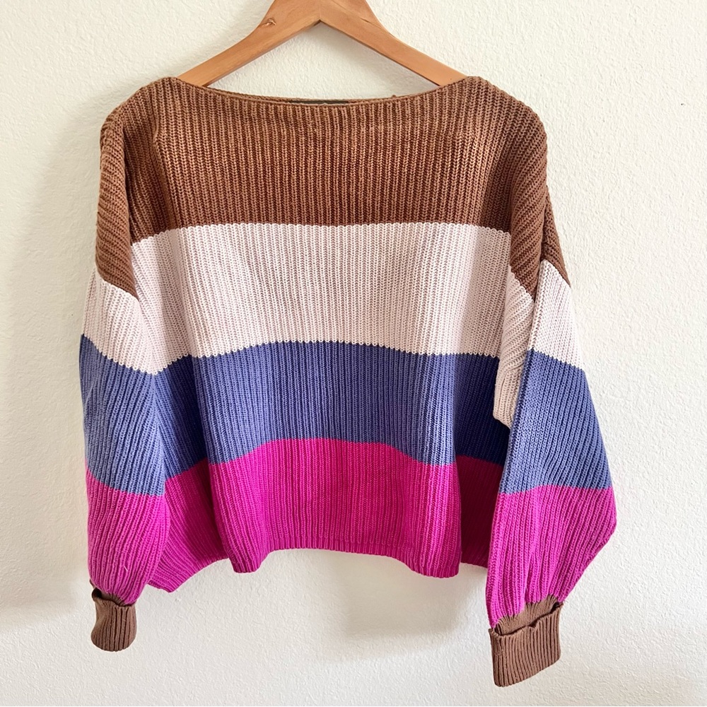 French Connection Striped Knit Sweater in Brown, Cream, Blue, Pink